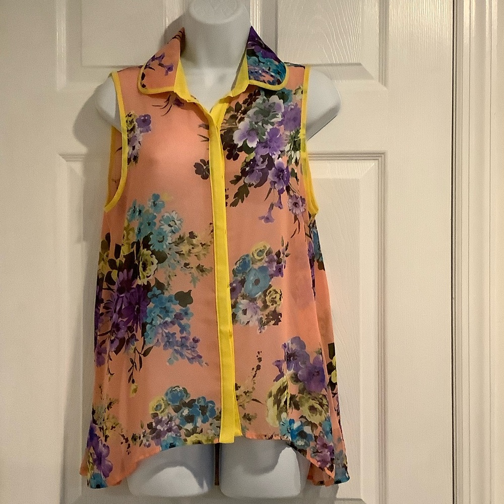 PAPER CRANE Women’s Pink/Floral Flowy Boho Whimsy Cottagecore Sheer Summer Top M